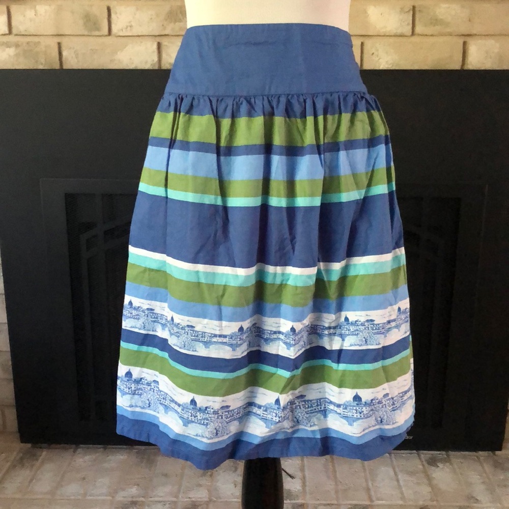 Garnet Hill Blue Green Cityscape Skirt size 12